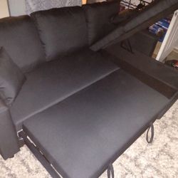 Black Linen Pull Out Sectional Sofa w/storage chaise