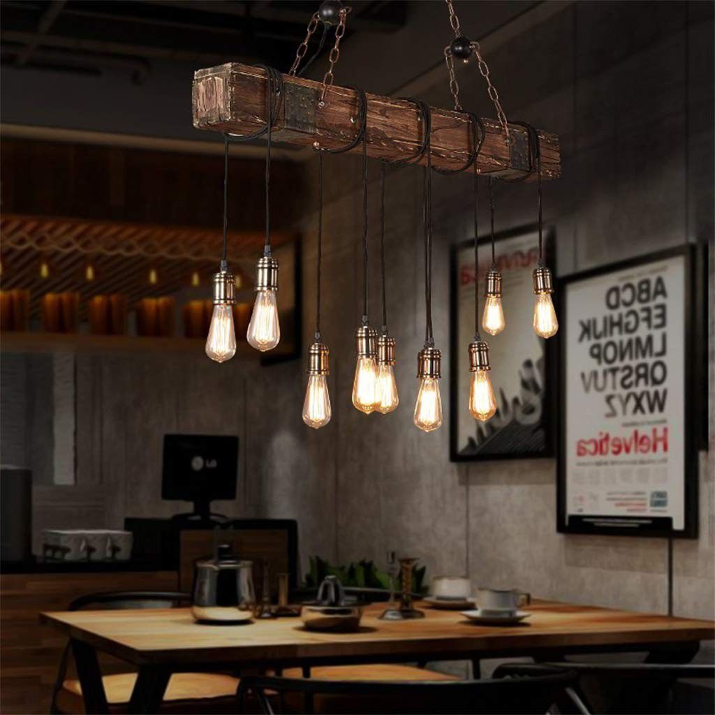 10-Lights Chandelier Wooden Retro Rustic Pendant Light - Industrial Suspension Light line can be Adjusted Freely