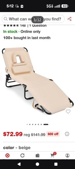Costway Folding Chaise Lounge Chair Adjustable Outdoor Patio Beach Camping Recliner Beige