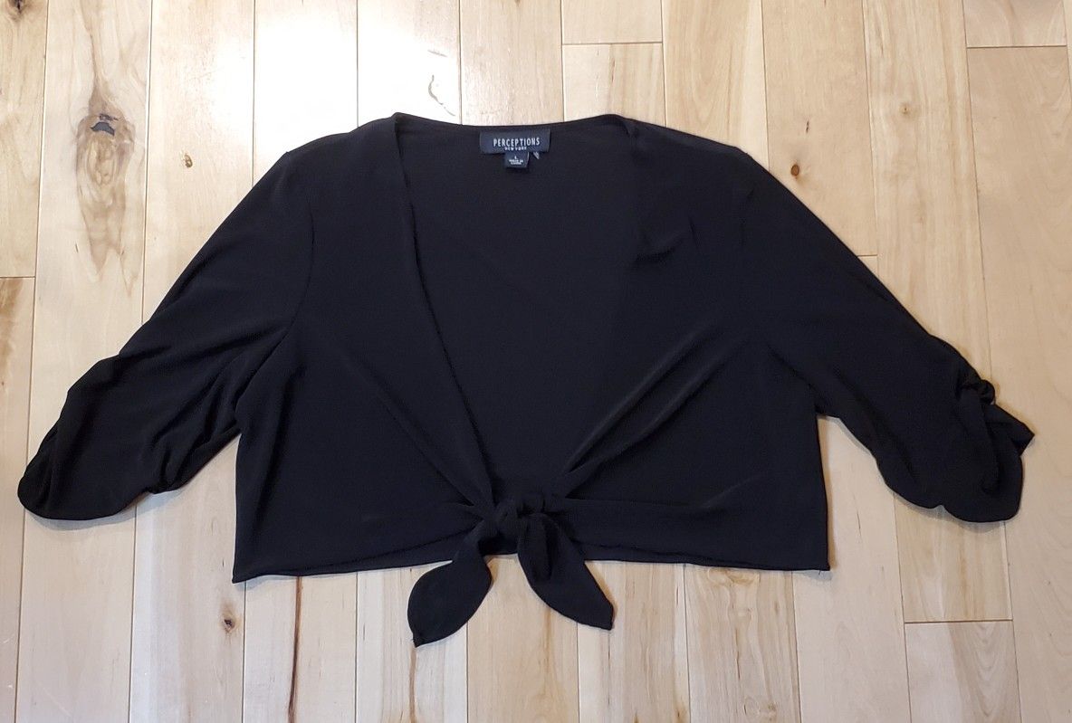NEW Perceptions NY Black Rouched Sleeve Knotted Crop Cardigan (L)