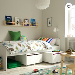 IKEA Bed frame with slatted bed base, white, Twin + Two Drawer Boxes 