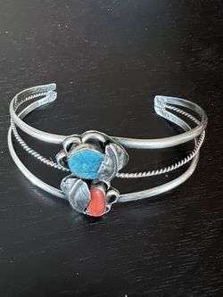 Gorgeous Turquoise & Coral Sterling Silver Cuff