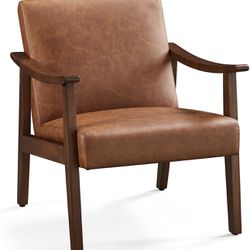 PU Leather Accent Chair, Mid-Century Modern Armchair with Solid Wood Legs, Reading Leisure Chair with High Back for Living Room Bedroom Waiting Room,B