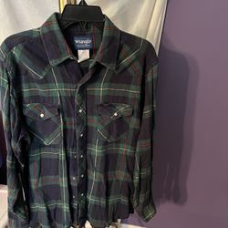 VTG Wrangler Western Pearl Snap Shirt Size Large Green Plaid