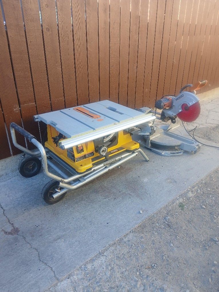10" RIDGID TABLE SAW WITH STAND & 12" RIDGID SLIDING MITER SAW