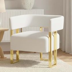 NEW TYBOATLE Mid Century Modern Accent Chair, Barrel Armchair, White Boucle, Gold Leg
