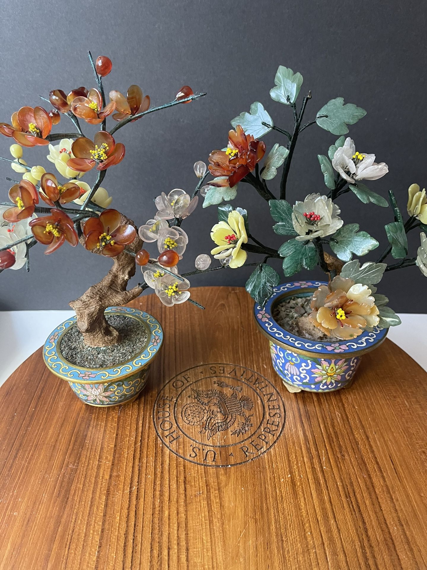 Two Chinese Antique Cloisonné With Jade Bonsai Tree