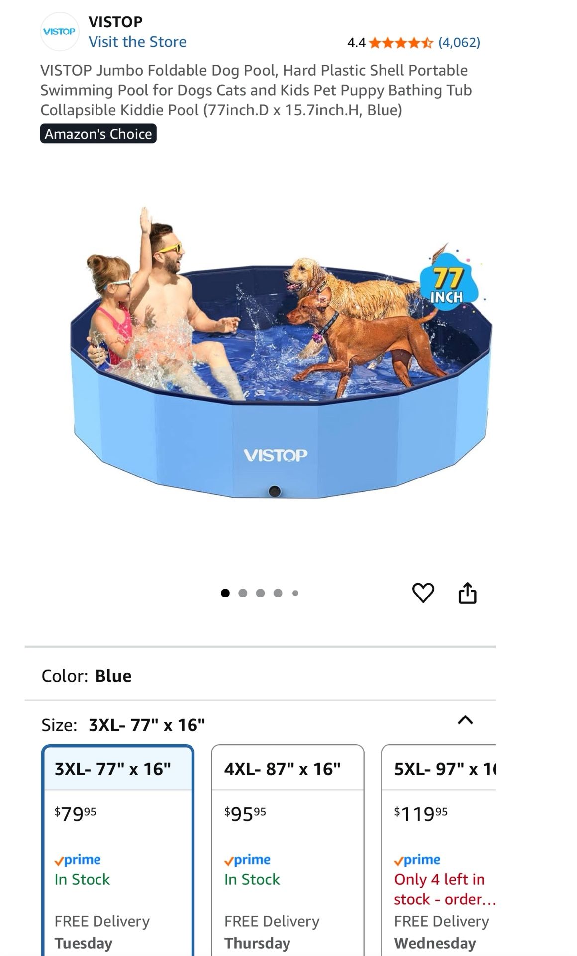 VISTOP Jumbo Foldable Dog Pool, Hard Plastic Shell (77inch.D x 15.7inch.H, Blue)