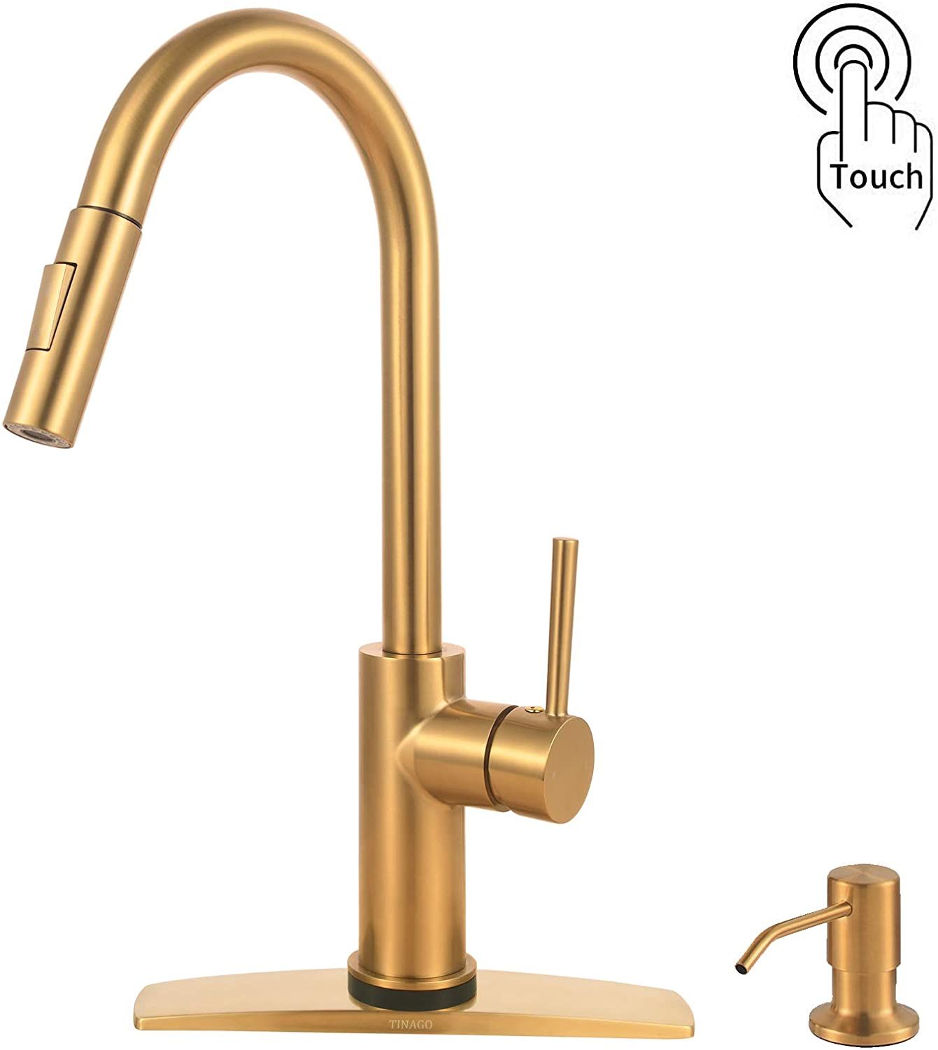 TINAGO Touch Kitchen Sink Faucet with Pull Down Sprayer, Pull Out Flexible 2 Mode Spray, with 17 oz Soap Dispenser, Brushed Gold brand new