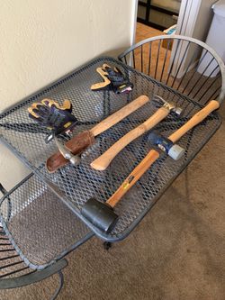 Set of hammers and rubber mallets new pair of mechanix gloves !! Huskey estwing Stanley come get now 40 or best offer $$ !!