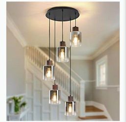 Pendant Light Fixture, Black Small Chandelier Light with Gray Gradient Glass Shade, E26 Base 5-Light Kitchen Island Hanging Pendant Lighting