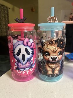 Halloween Hell Kitty And Cow Coffee Colorful Glass Cups 16 Oz 