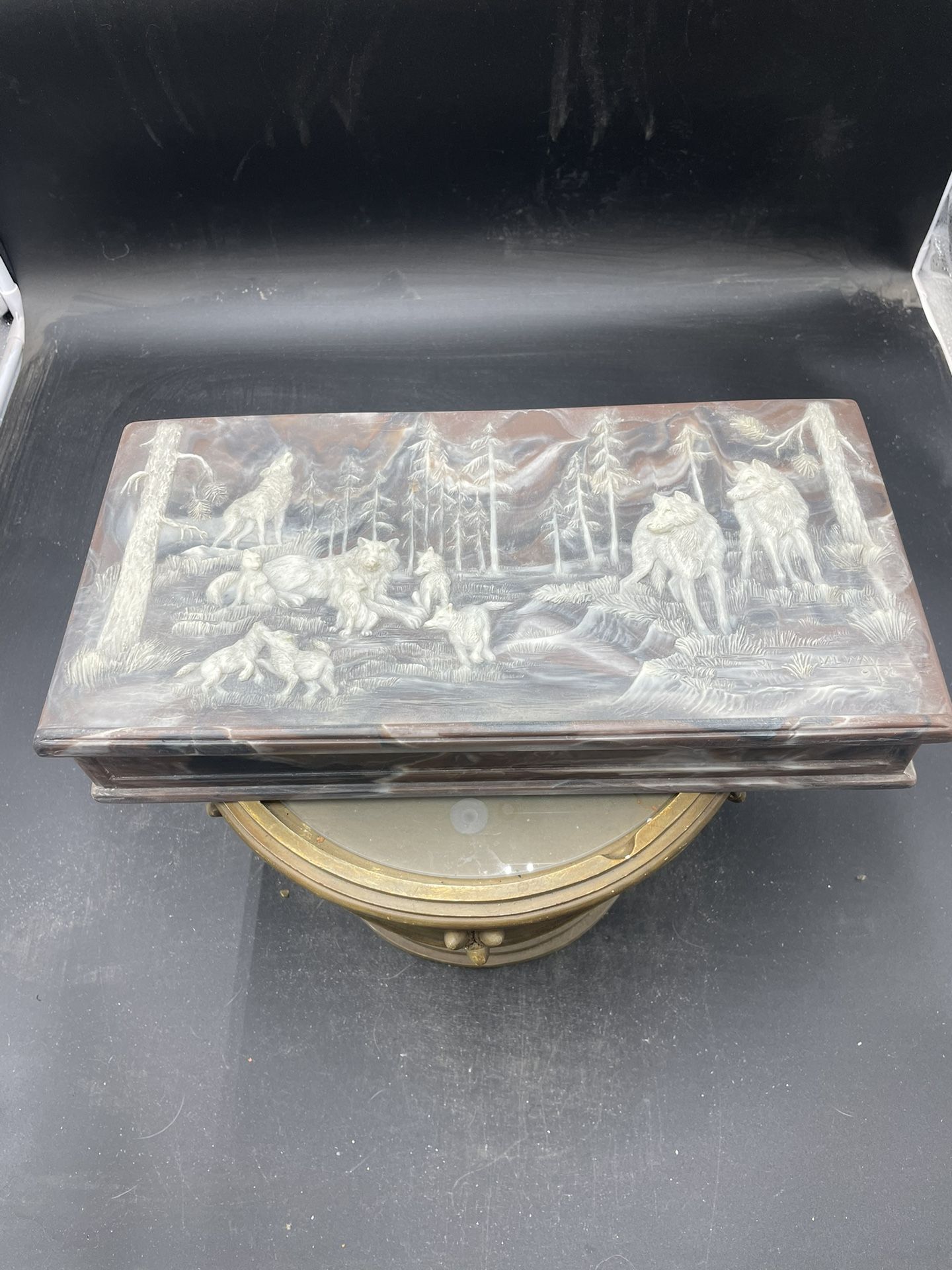 Large Rare Incolay Stone Hinged Trinket Jewelry Box Wolves Wilderness Scene VG