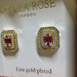 Stella Rose Fine Gold Plated Stud Earrings with Rectangular Pink Stones