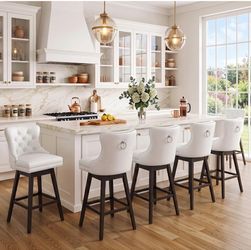 White Swivel Bar Stools Set of 6, 26 Inch Counter Height Chairs Swivel Faux Leather Barstools, Solid Wood Legs, Upholstered Kitchen Island Chairs with