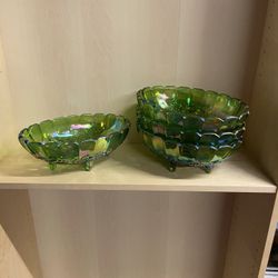4 Green Carnival Glass Large Footed  Bowls 