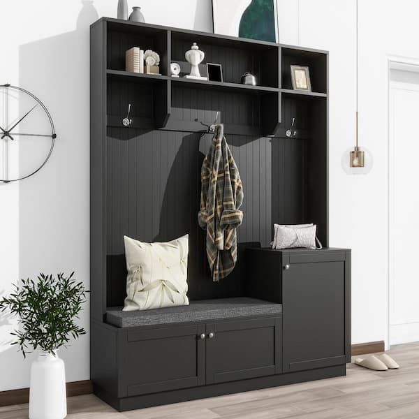 NEW Black Freestanding Hall Tree with Cushioned Storage Bench, 3-Hooks and Shelves