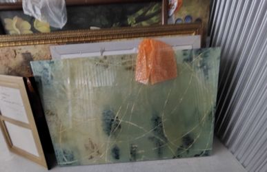 Large Abstract Wall Art Panel Green Teal Gold Lines Frameless Modern