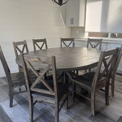 Farmhouse Round Expandable Dining Table + 6-8 Chairs – Solid Wood
