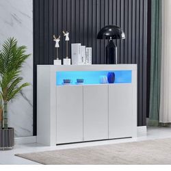 LED Kitchen Sideboard Storage Buffet Cabinet White High Gloss for Living Room, Modern Wooden Unit Cupboard TV Stand with 3 Doors for Hallway Dining Ro