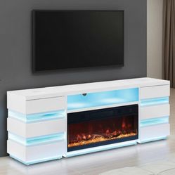 Brand New White 71'Inch TV Stand w Fireplace Simulator & Bluetooth Speakers