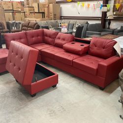 Heights Red Faux Leather Reversible Sectional with Storage Ottoman