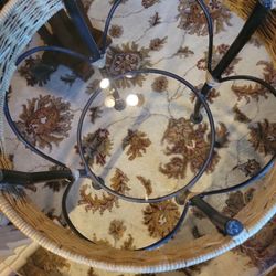 WICKER, IRON ,GLASS TOP 28" IN DIAMETER TABLE