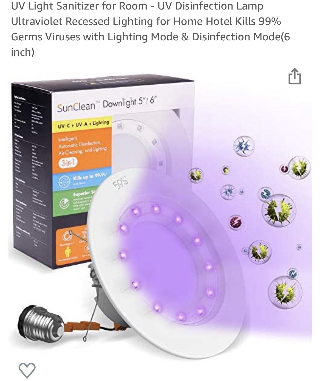 UV Light Sanitizer for Room - UV Disinfection Lamp Ultraviolet Recessed Lighting for Home Hotel Kills 99% Germs Viruses with Lighting Mode & Disinfect
