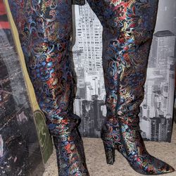 Rouge Helium Embroidered Silk Boots, Size 11, Excellent Condition 