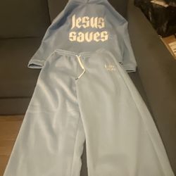Light blue Jesus Saves hoodie and sweatpants set.