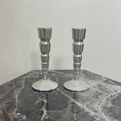 Vintage MCM Candlestick Holders Pair Silver Metal Sculptural Modernist Candle