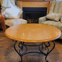 Wooden Coffee Table with Scrolled Metal Legs, 38" D x 21" H-PLEASE READ DESCRIPTION 