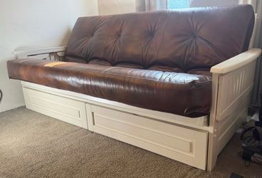 Brown Faux Leather Futon with Storage Drawers Full Size PICKUP FRIDAY 5/8