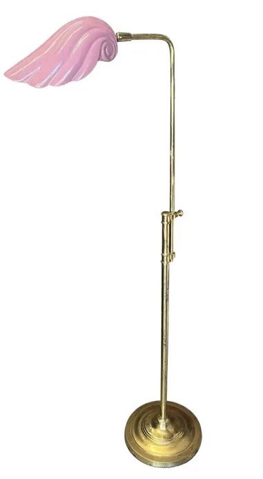 Rare 1970s Italian Brass and Porcelain Shell Form Adjustable Angelo Brotto Attributed Floor Lamp