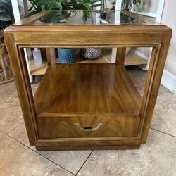 Mid Century Modern Drexel Accolade Collection II Campaign Style Wood End Tables w/ Glass Top Insert