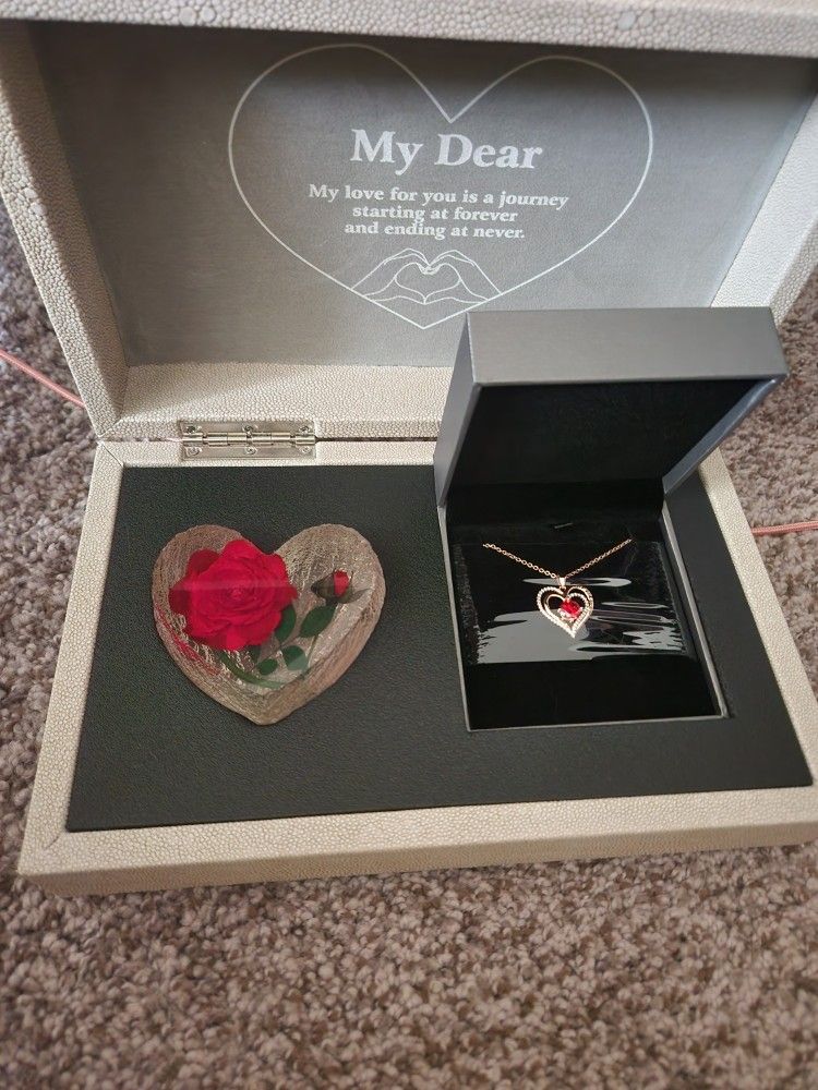 Red Heart Necklace With Forever Rose