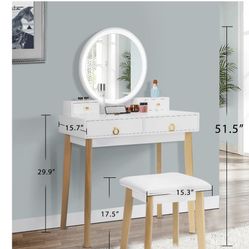 Gold And White Lighted Vanity With Stool 