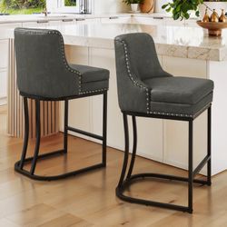 26"H Faux Leather Counter Height Bar stools, Dark Grey (Set of 2)