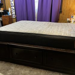 Bed with headboard and frame has drawers cherrywood 