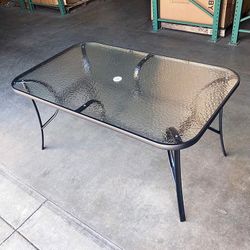 (NEW) $70 Rectangular Metal Patio Table 59x36x28” Tempered Glass with Umbrella Hole