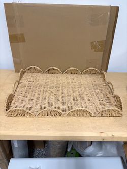 New Paper Rope Scalloped Serving Tray 24" L x 18" W x 2.4" H Rectangle Woven Decorative