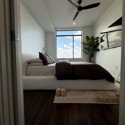 Queen Modern Bedroom Set . Bed Frame, Nightstand.  Moving Sale