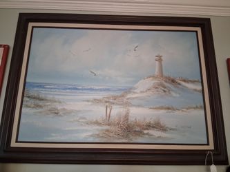 C. Melton Signed Lighthouse Beach Oil Painting