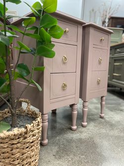 Two Vintage Dusty Rose Tall  Nightstands / Side Tables – Pair