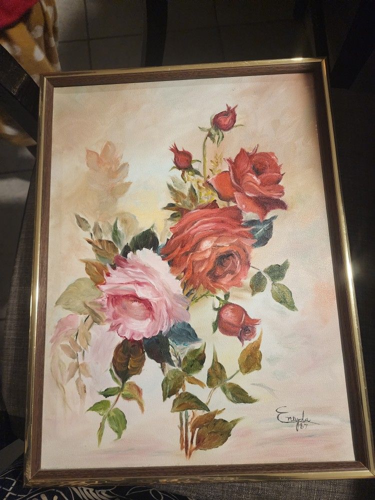 vintage framed pink and red roses,