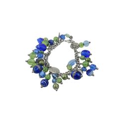 1990s Art Glass Charm Cha Cha Bracelet, Lampwork Dangles, Silver Tone, Adjustable Curb Link Chain, Blue and Green Glass Beads, Boho Hippie Gypsy Style
