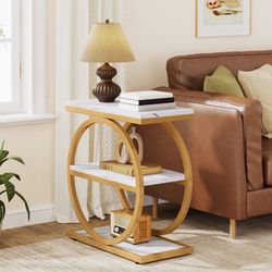 JBA515: Marquille End Table, Small Side Table with Shelves for Living Room, Bedroom, Nightstand - Color: Gold/White