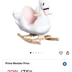 Qaba Kids Ride On Rocking Horse Plush Swan Style Toy with Music for Over 18 Months Children, White and Pink