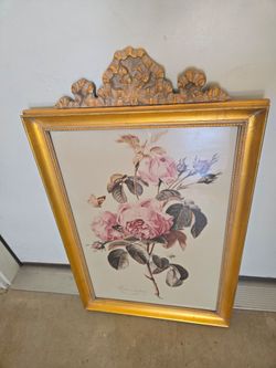 Antique Style Rose Centifolia Flower Gold Frame Picture