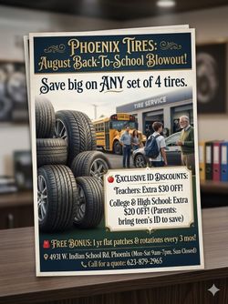 "✏️ PHOENIX TIRES: August Back-To-School Blowout! Save big on ANY set of 4 tires. 🍎 EXCLUSIVE ID DISCOUNTS: Teachers: Extra $30 OFF! College & High S